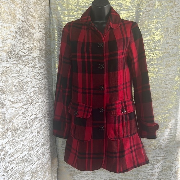 Anthropologie BB Dakota Red/Black Plaid Gothic Skull Pea Coat Coat Size S - Picture 4 of 16